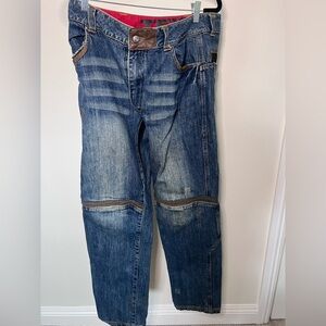 Relaxed Fit Denim Motorcycle Riding Jeans with Brown Accents